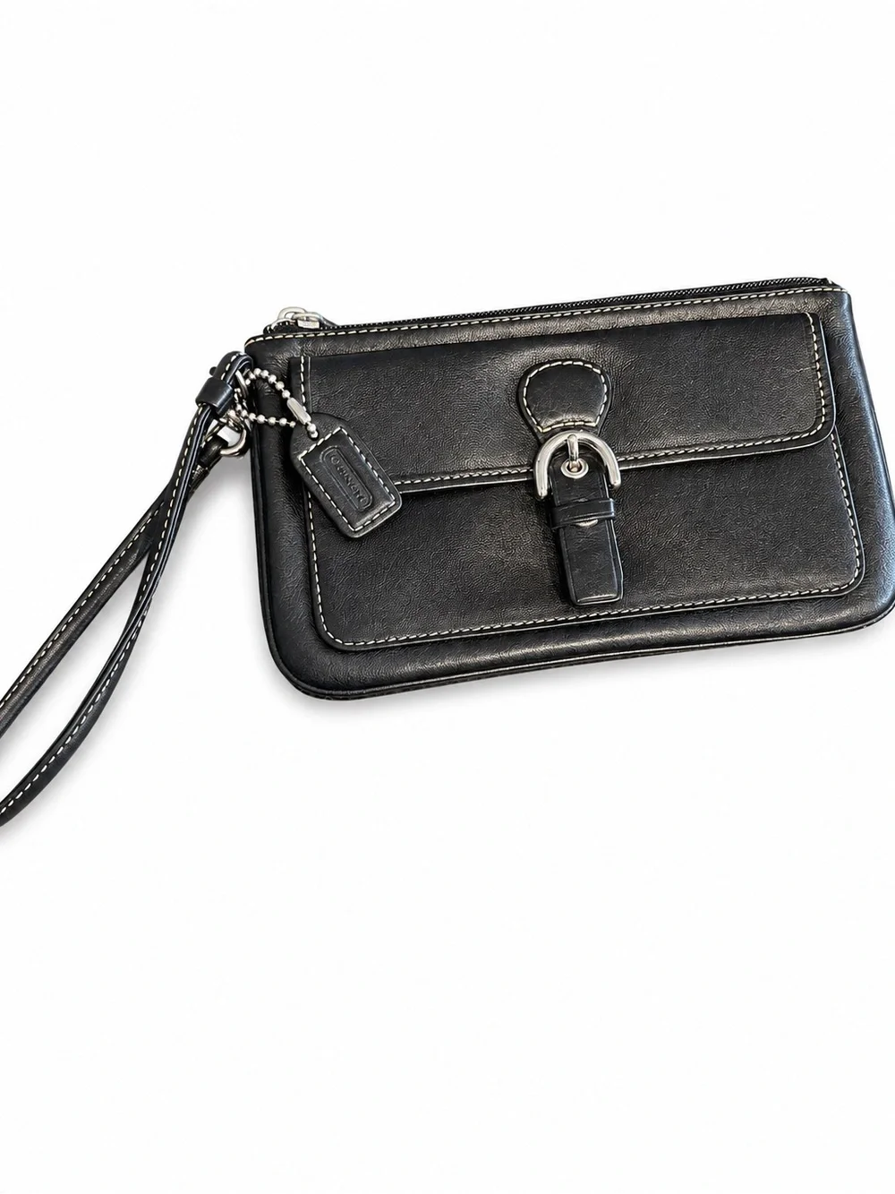 Coach Black Leather Wristlet Clutch with White Stitching